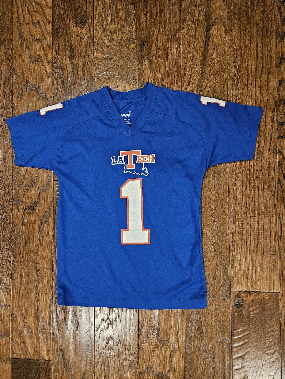 LaTech Logo Unisex V-Neck Short-Sleeve Shirt, Blue With Red/White - Size M 10/12